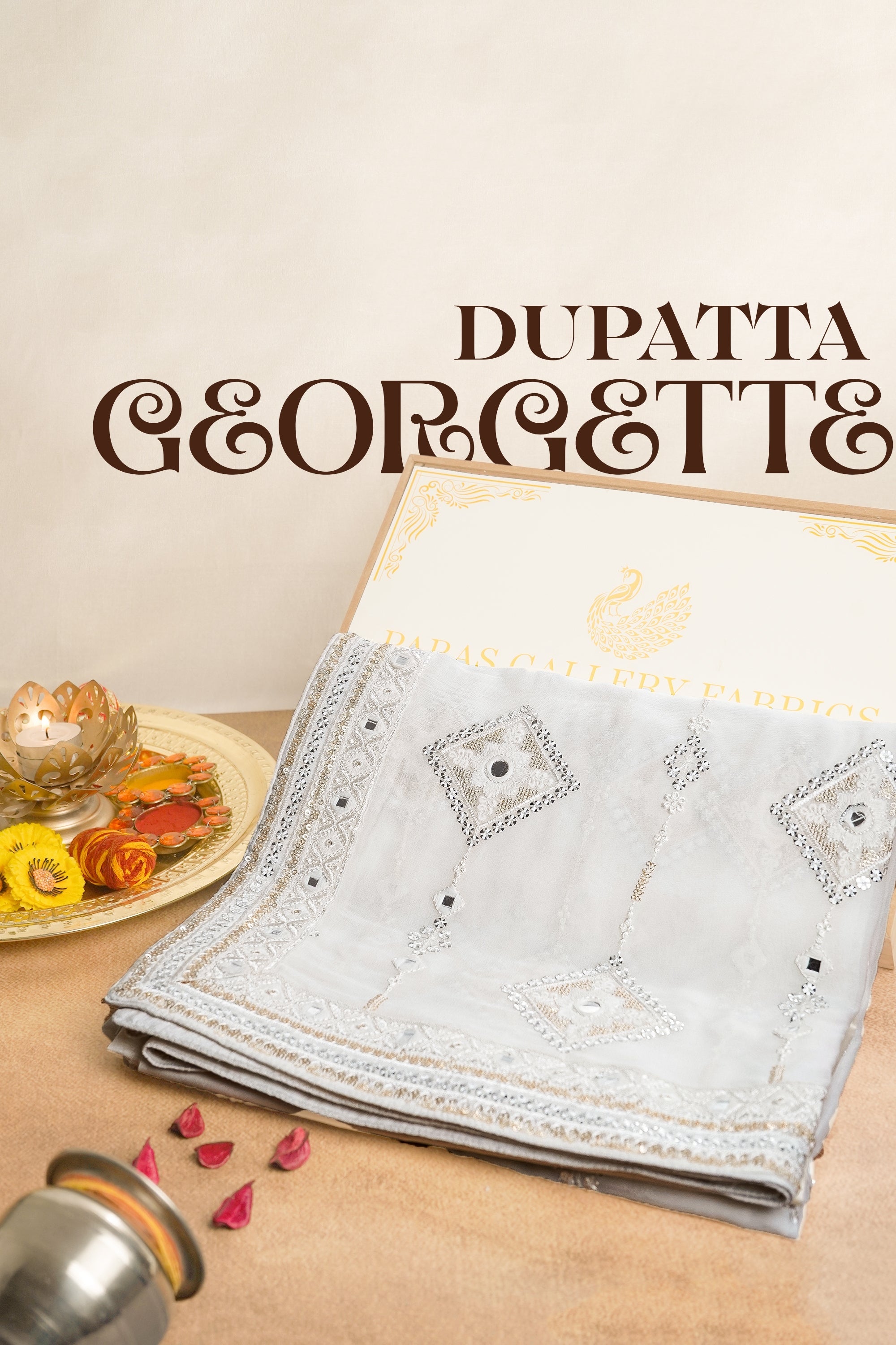 White Dyeable Georgette Dupatta With All Over Thread, Zari, Sequins And Faux Mirror Work 21579