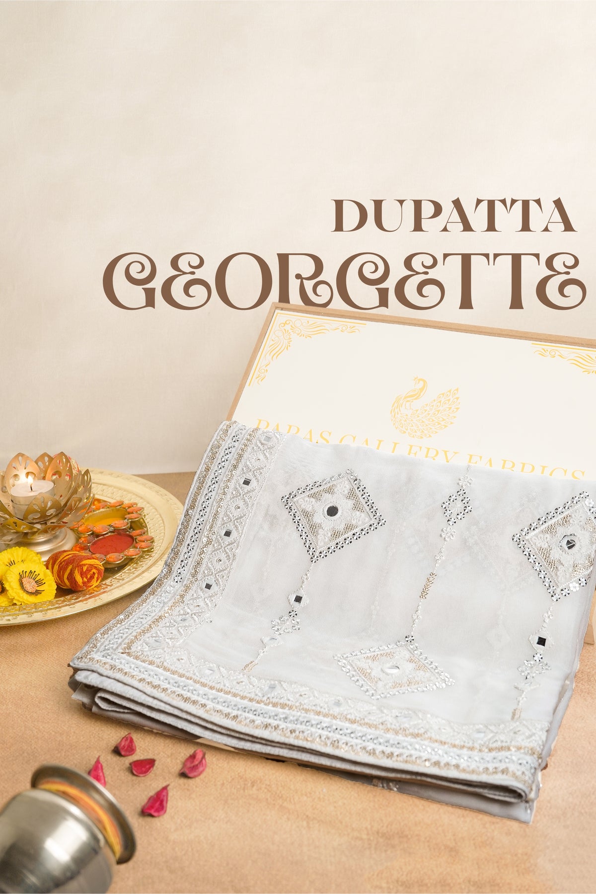 White Dyeable Georgette Dupatta With All Over Thread, Zari, Sequins And Faux Mirror Work 21579