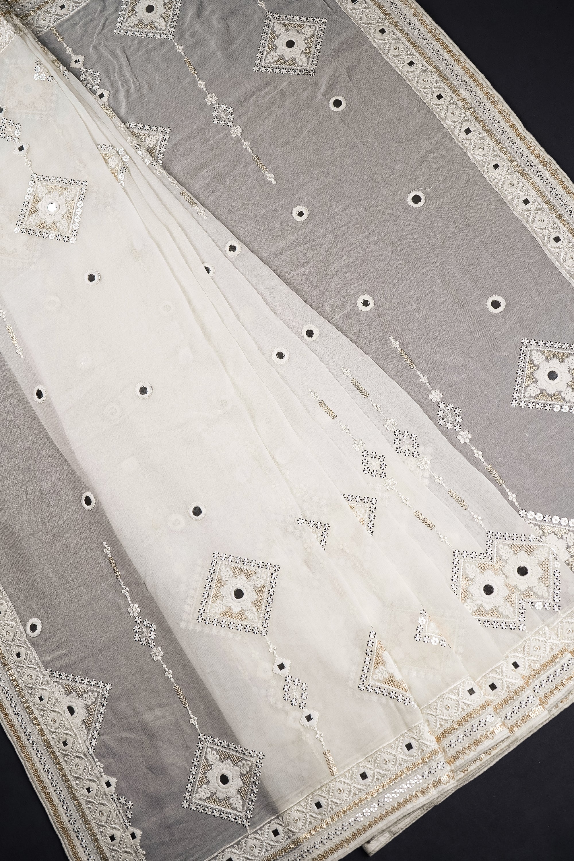 White Dyeable Georgette Dupatta With All Over Thread, Zari, Sequins And Faux Mirror Work 21579