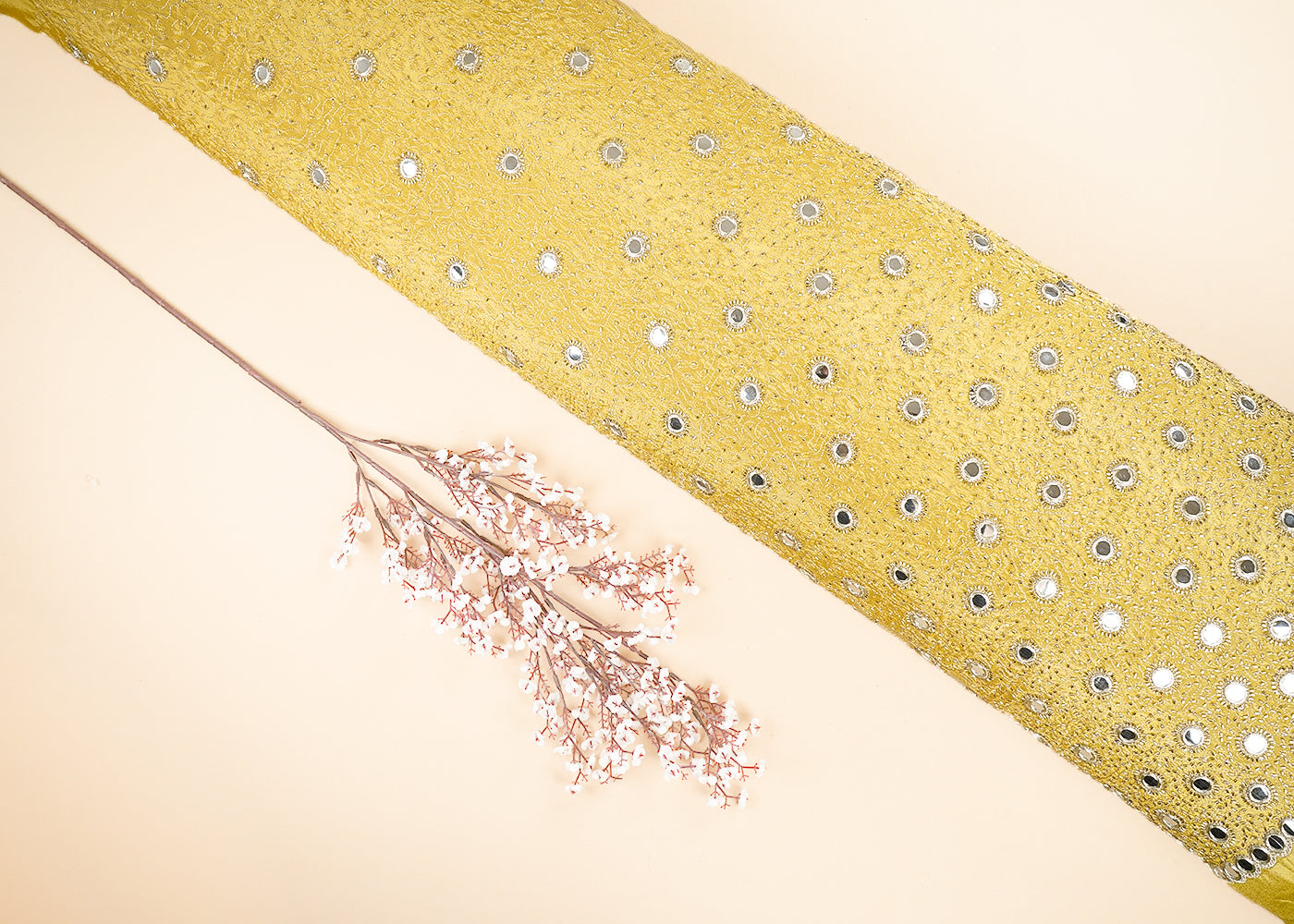 Yellow Tissue Fabric With All Over Zari, Faux Mirror And Katdana Work 21580