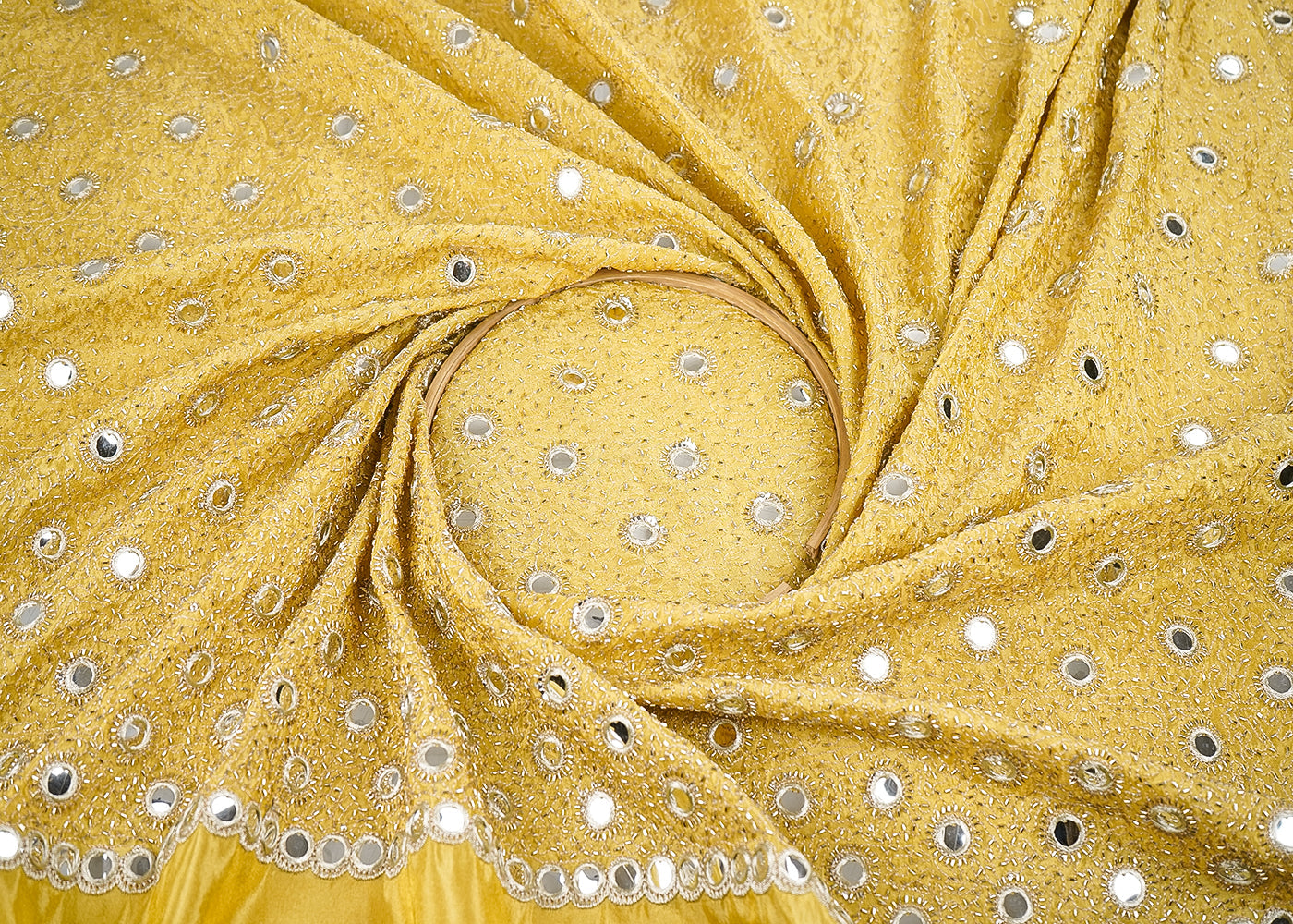 Yellow Tissue Fabric With All Over Zari, Faux Mirror And Katdana Work 21580