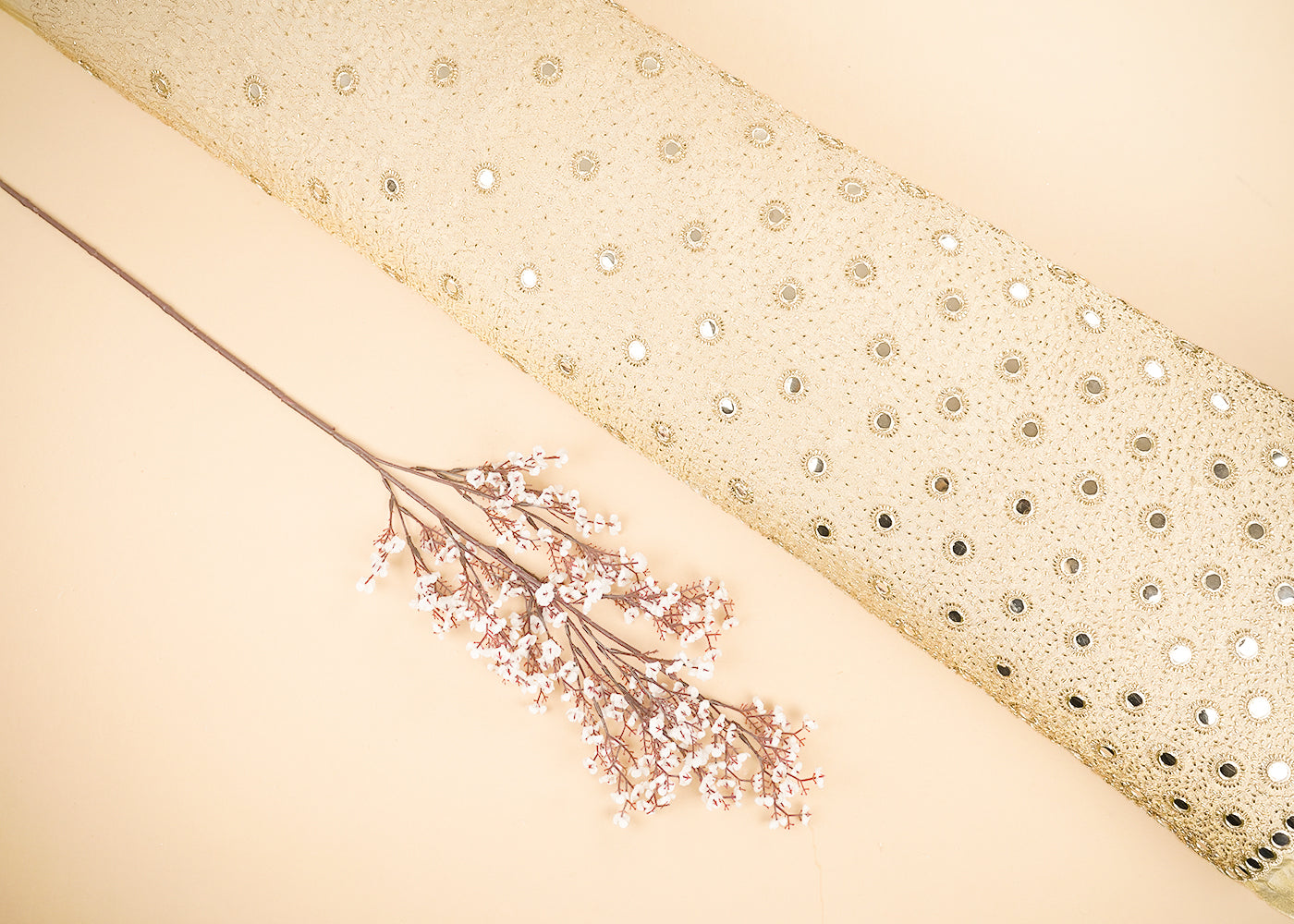 Golden Dyeable Tissue Fabric With All Over Zari, Faux Mirror And Katdana Work 21581