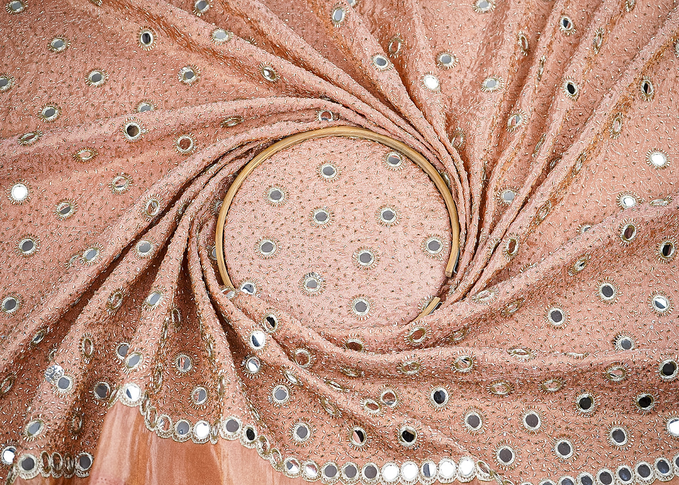 Peach Tissue Fabric With All Over Zari, Faux Mirror And Katdana Work 21582