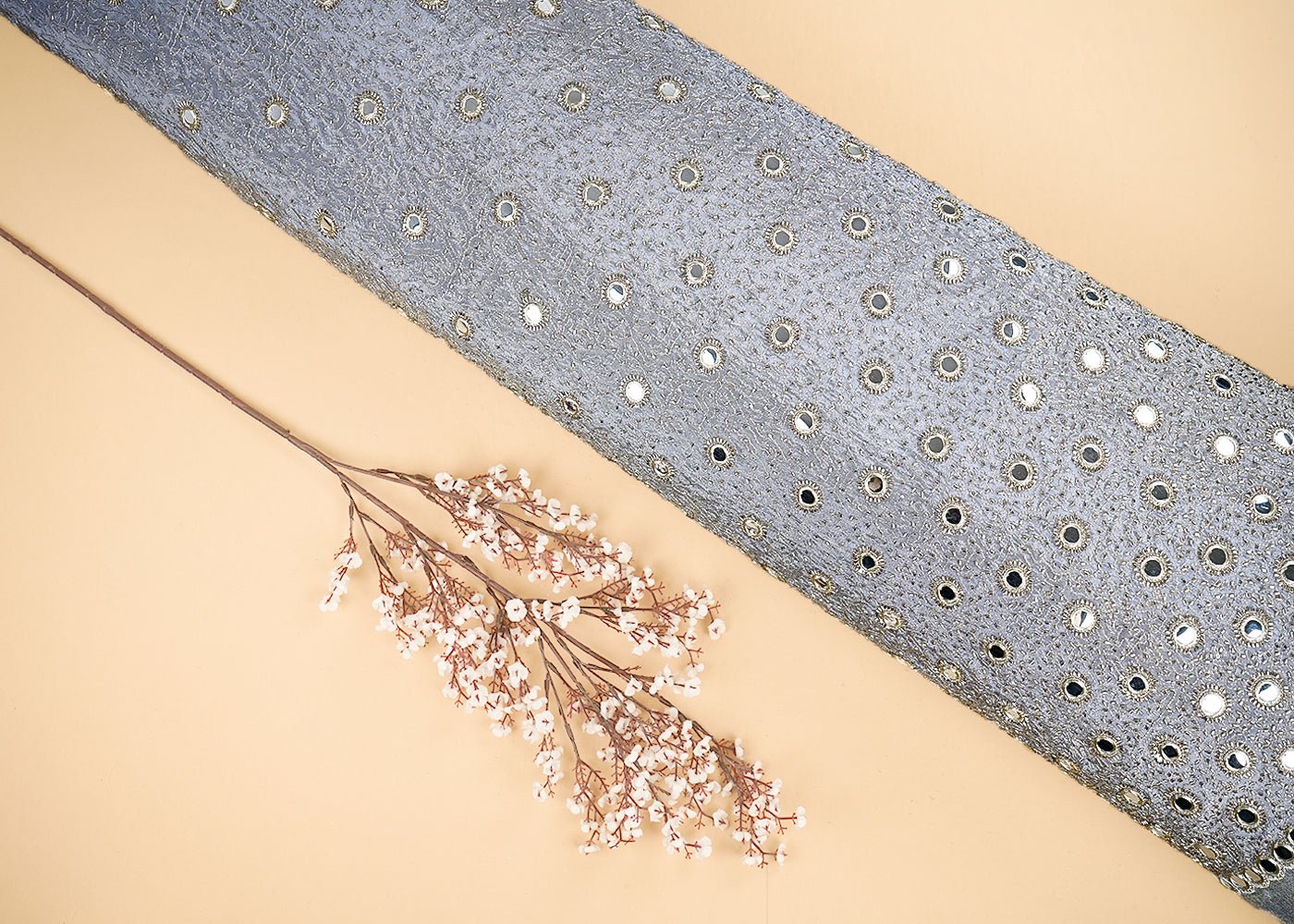 Grey Tissue Fabric With All Over Zari, Faux Mirror And Katdana Work 21583