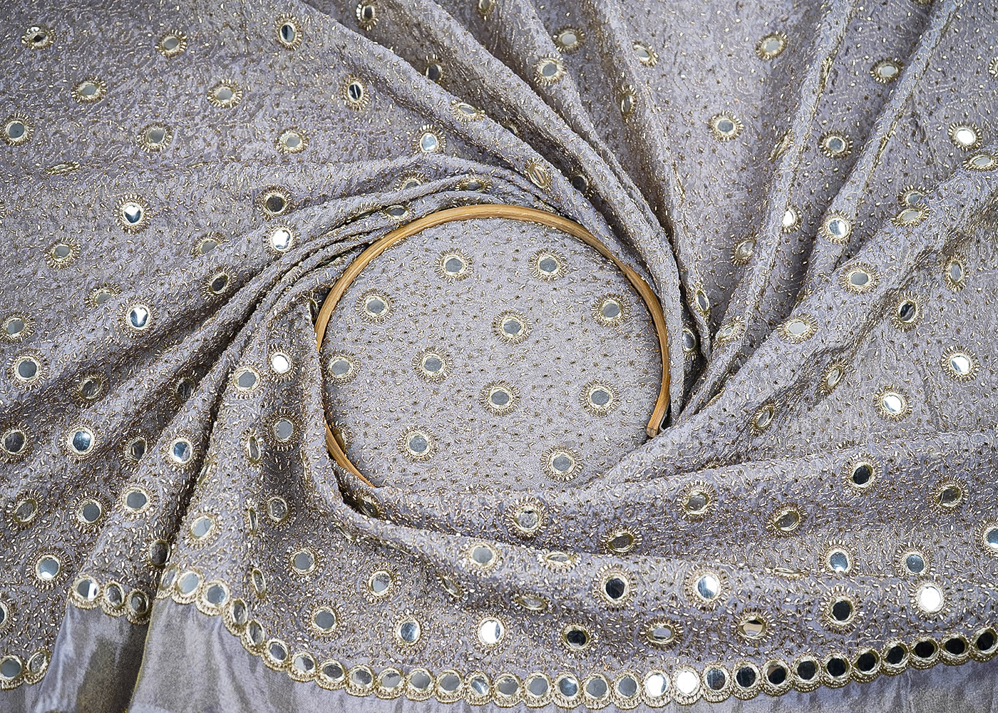 Grey Tissue Fabric With All Over Zari, Faux Mirror And Katdana Work 21583