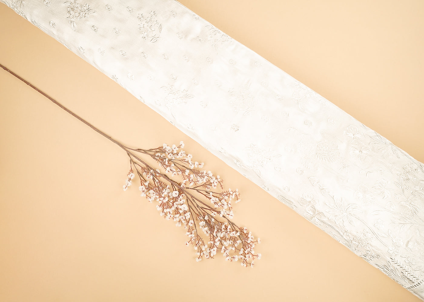 White Dyeable Silk Fabric With All Over Thread And Sequins Work With One Side Bird Motif Border 21584