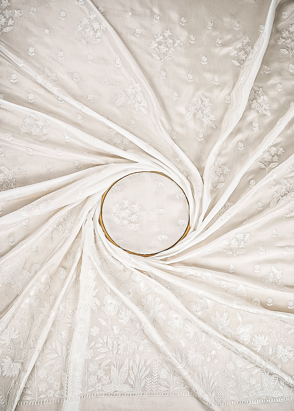 White Dyeable Silk Fabric With All Over Thread And Sequins Work With One Side Bird Motif Border 21584