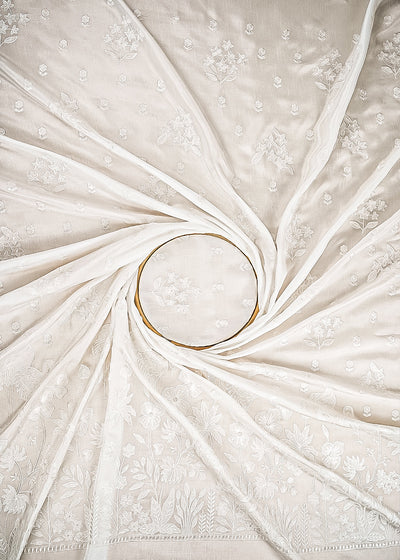 White Dyeable Silk Fabric With All Over Thread And Sequins Work With One Side Bird Motif Border 21584