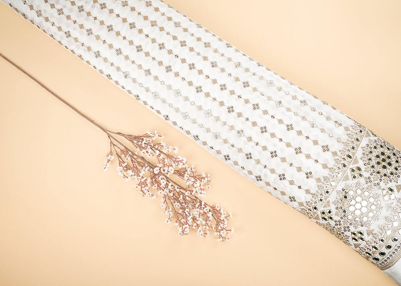 White Dyeable Silk Fabric With All Over Zari, Faux Mirror And Sequins Work With One Side Heavy Border 21586