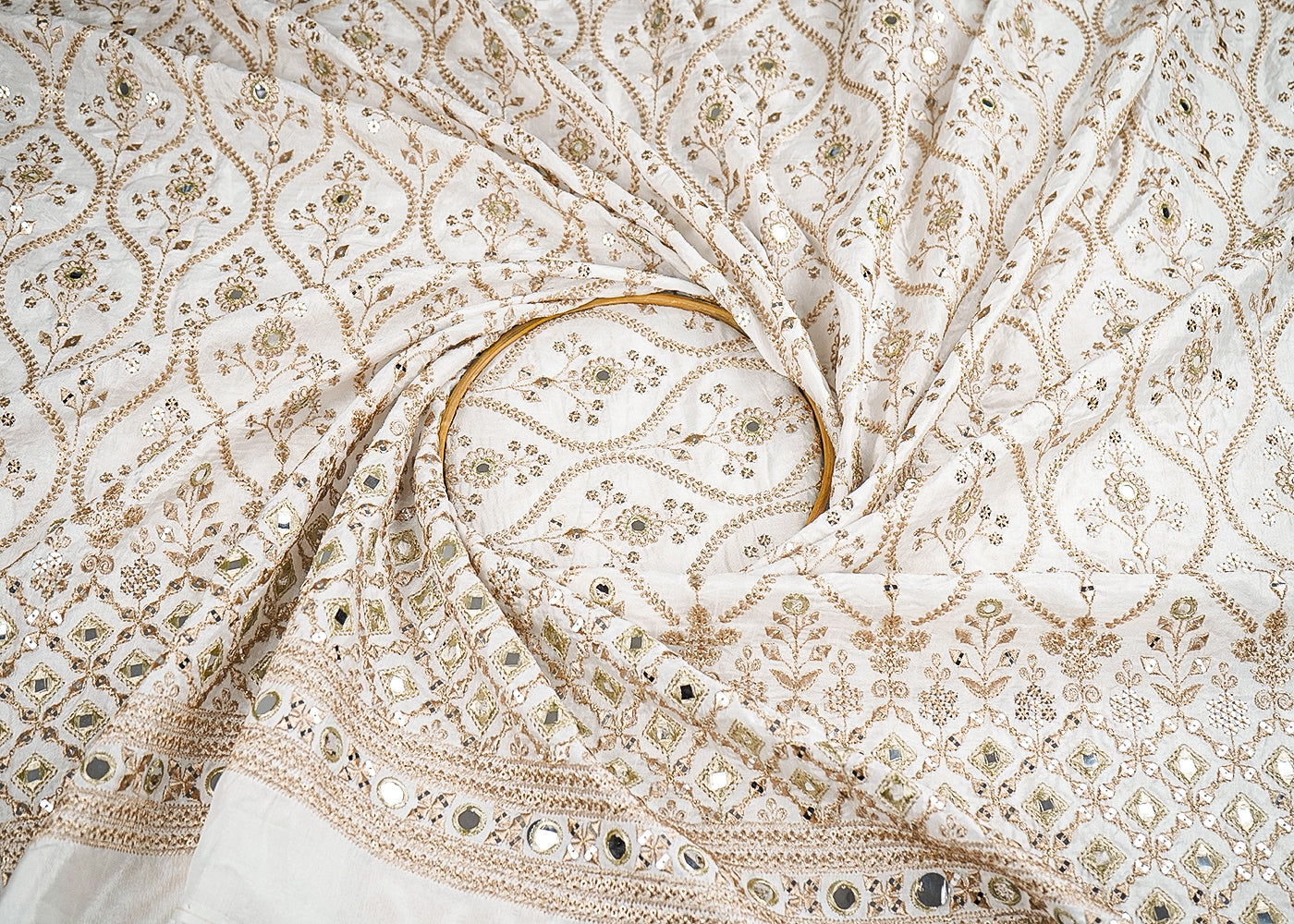 White Dyeable Silk Fabric With All Over Zari, Faux Mirror And Sequins Work With One Side Border 21587