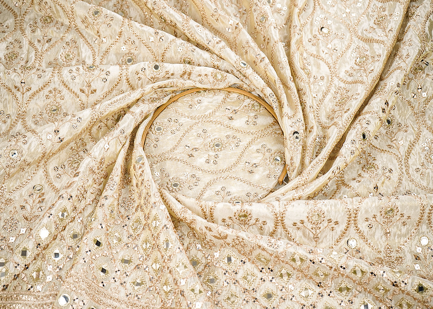 Golden Dyeable Tissue Fabric With All Over Zari, Sequins And Faux Mirror Work With One Side Border 21588