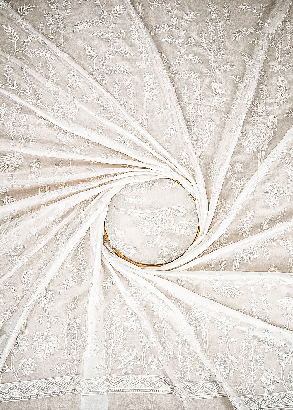 White Dyeable Silk Fabric With All Over Bird Motif Of Thread And sequins Work 21589