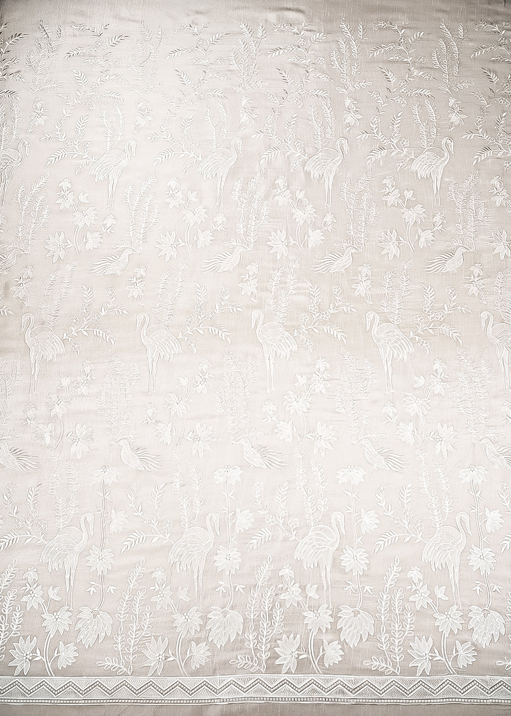 White Dyeable Silk Fabric With All Over Bird Motif Of Thread And sequins Work 21589