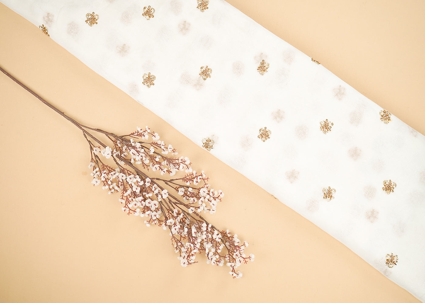 White Dyeable Georgette Fabric With All Over Buti Of Sequins, Katdana And Bead Work 21590