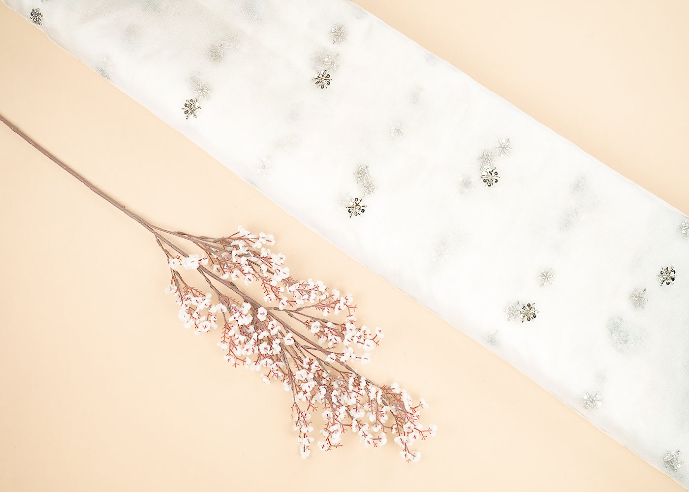 White Dyeable Organza Fabric With All Over Buti Of Sequins And Katdana Work 21592