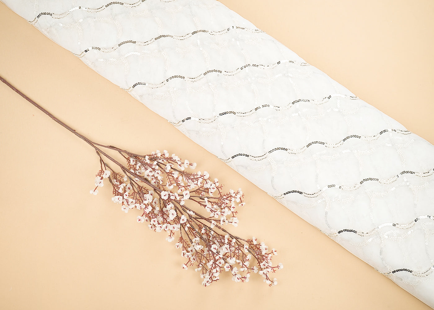 White Dyeable Net Fabric With All Over Stripes Of Katdana, Sequins And Beads Work 21594