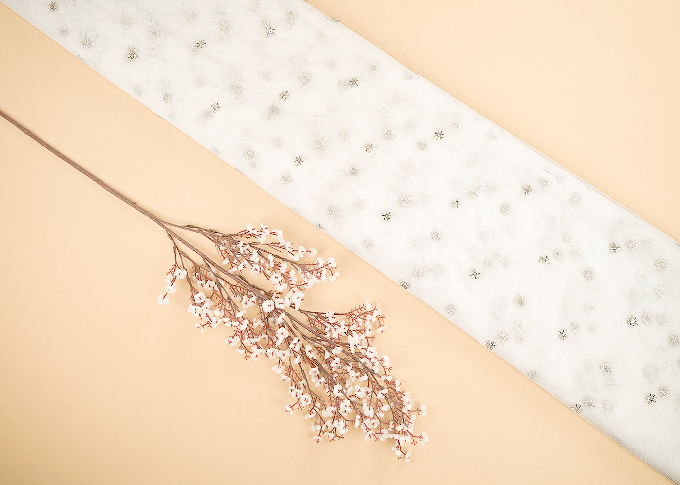 White Dyeable Net Fabric With All Over Buti Of Katdana, Sequins And Beads Work 21595