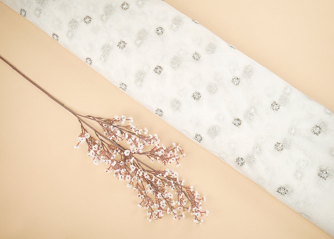 White Dyeable Net Fabric With All Over Buti Of Katdana, Sequins And Beads Work 21596