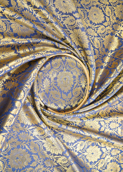 Greyish Blue Banarasi Brocade Fabric With All Over Golden Zari Handloom 21599