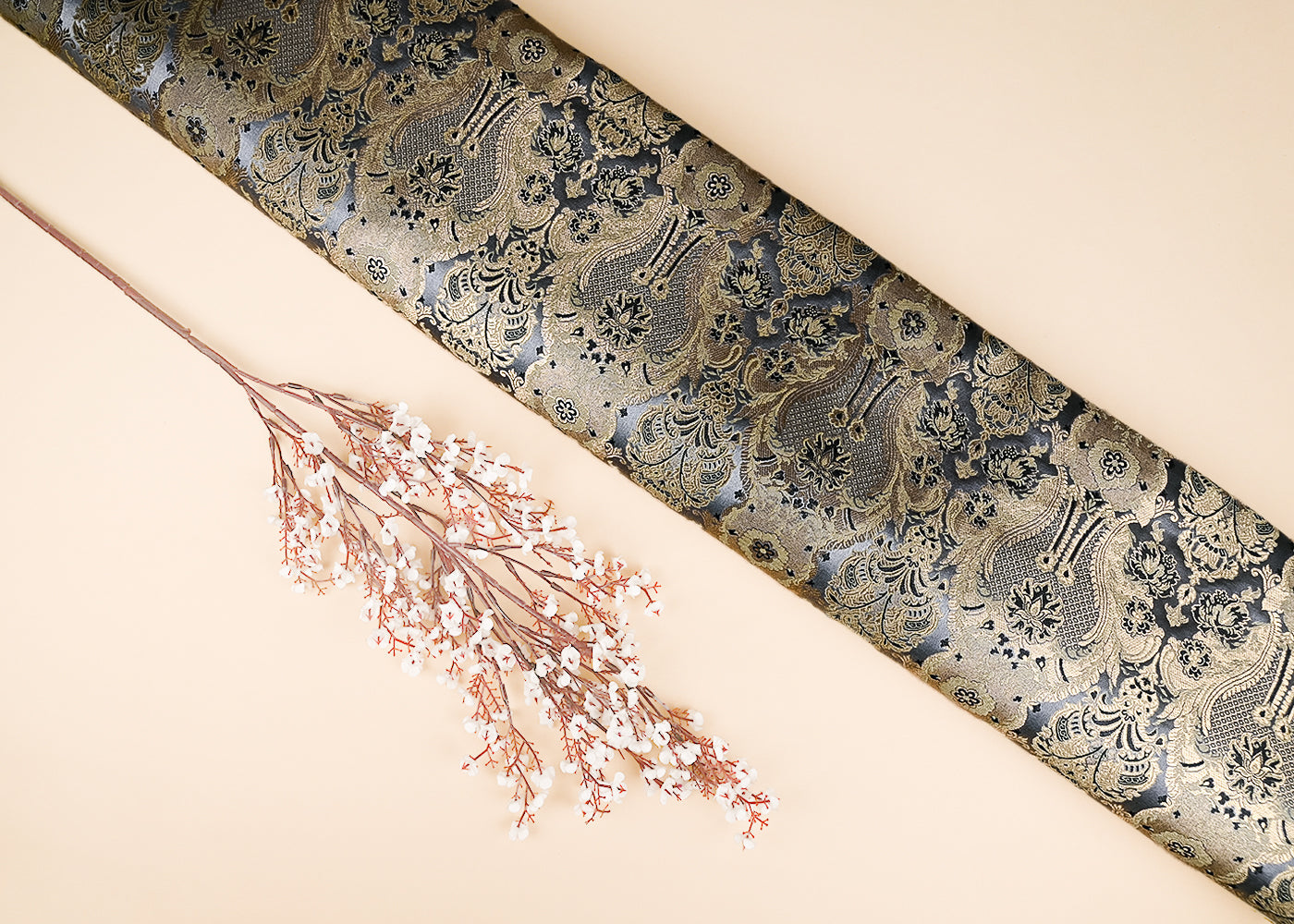 Grey Banarasi Brocade Fabric With All Over Golden Zari Handloom 21612
