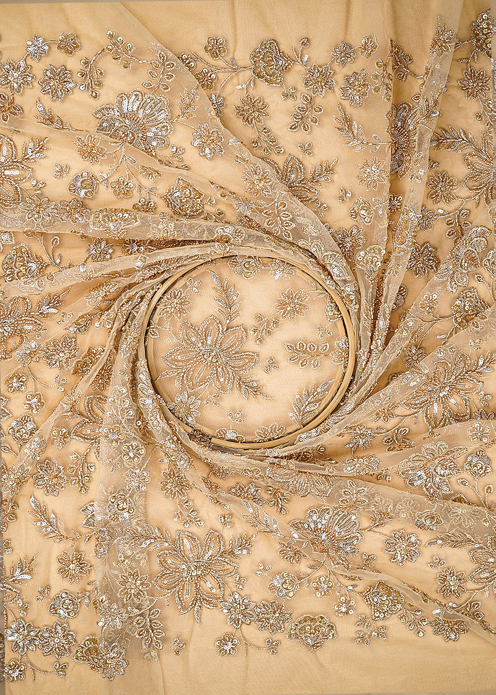Golden Imported Net Fabric With All Over Zari, Katdana, Sequins And Bead Work 21616