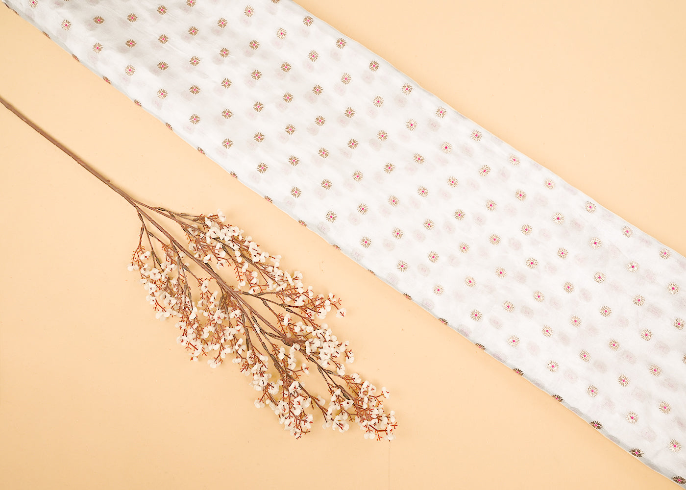 White Dyeable Silk Fabric With All Over Thread And Zari Handloom 21622