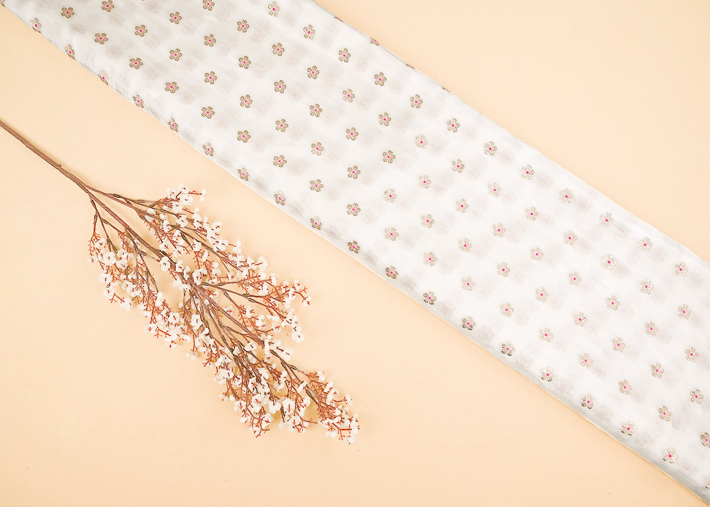 White Dyeable Silk Fabric With All Over Thread And Zari Handloom 21624