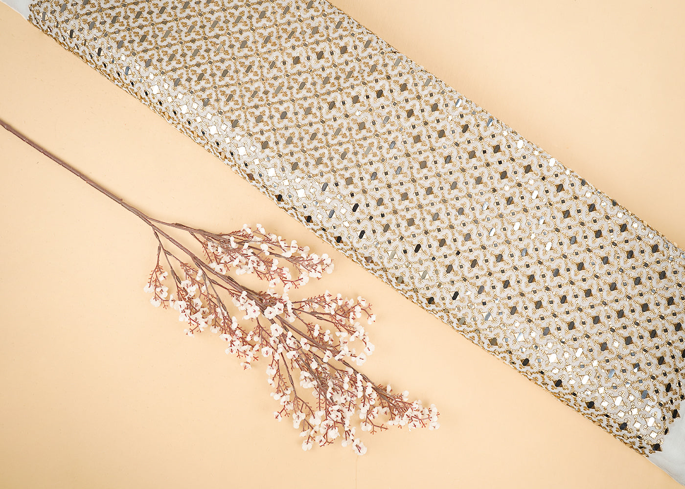 White Dyeable Georgette Fabric With All Over Sequins, Faux Mirror And Zari Work 21629