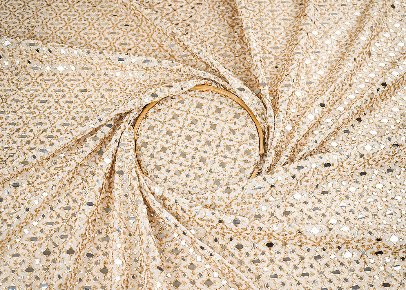 White Dyeable Georgette Fabric With All Over Sequins, Faux Mirror And Zari Work 21629