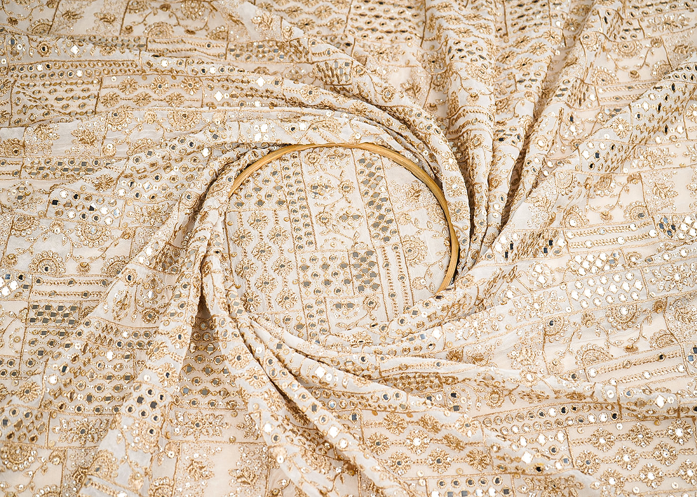 White Dyeable Georgette Fabric With All Over Zari, Faux Mirror And Sequins Work  21630