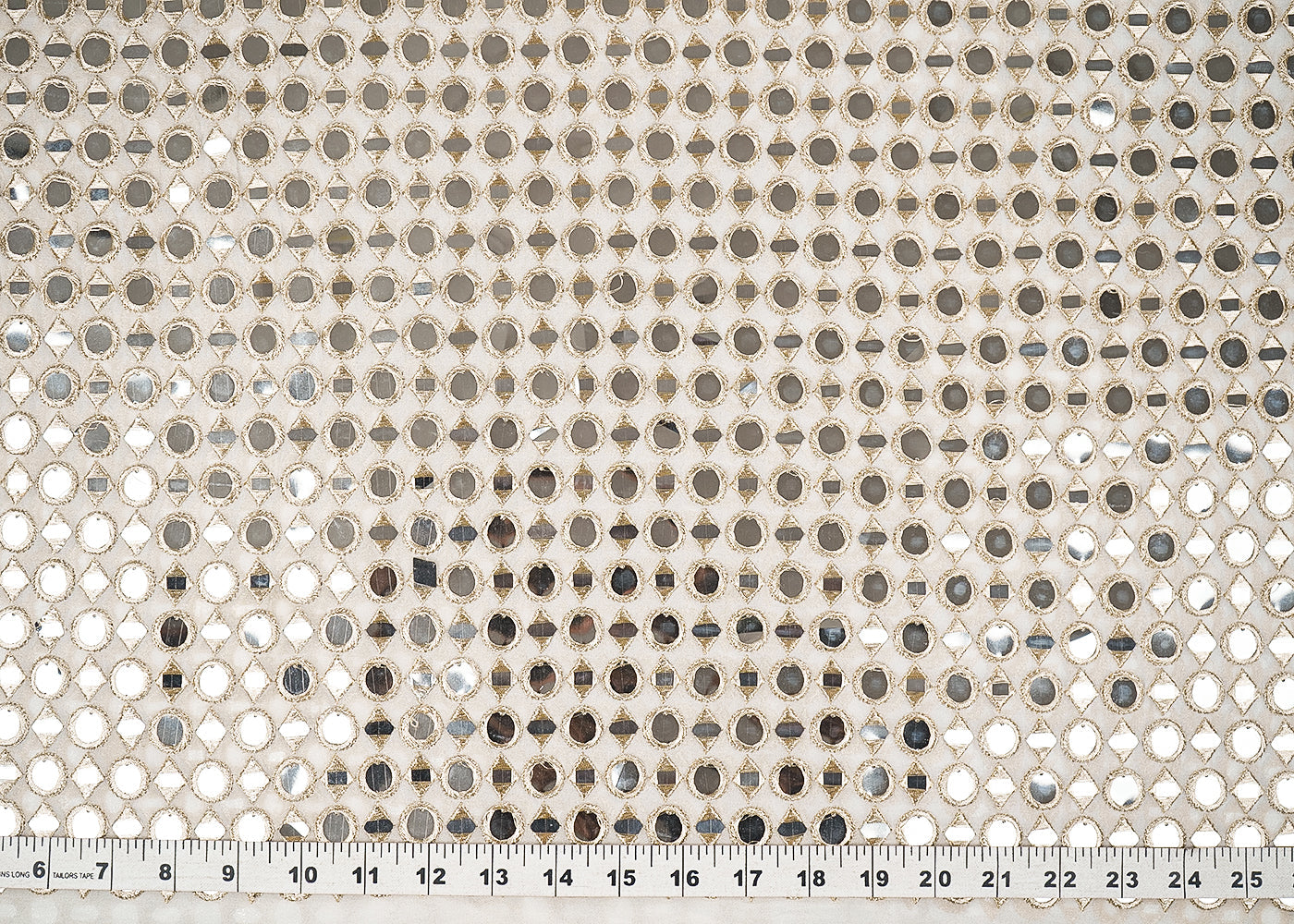 White Dyeable Georgette Fabric With All Over Faux Mirror And Zari Work 21632