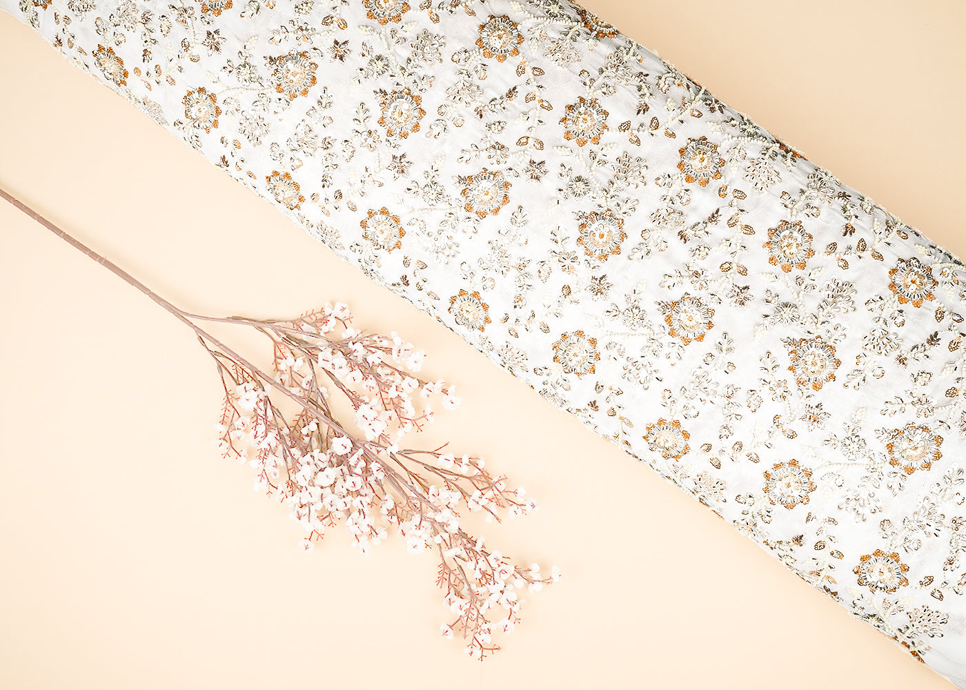 White Dyeable Georgette Fabric With All Over Zari, Sequins, Katdana And Bead Handwork 21635