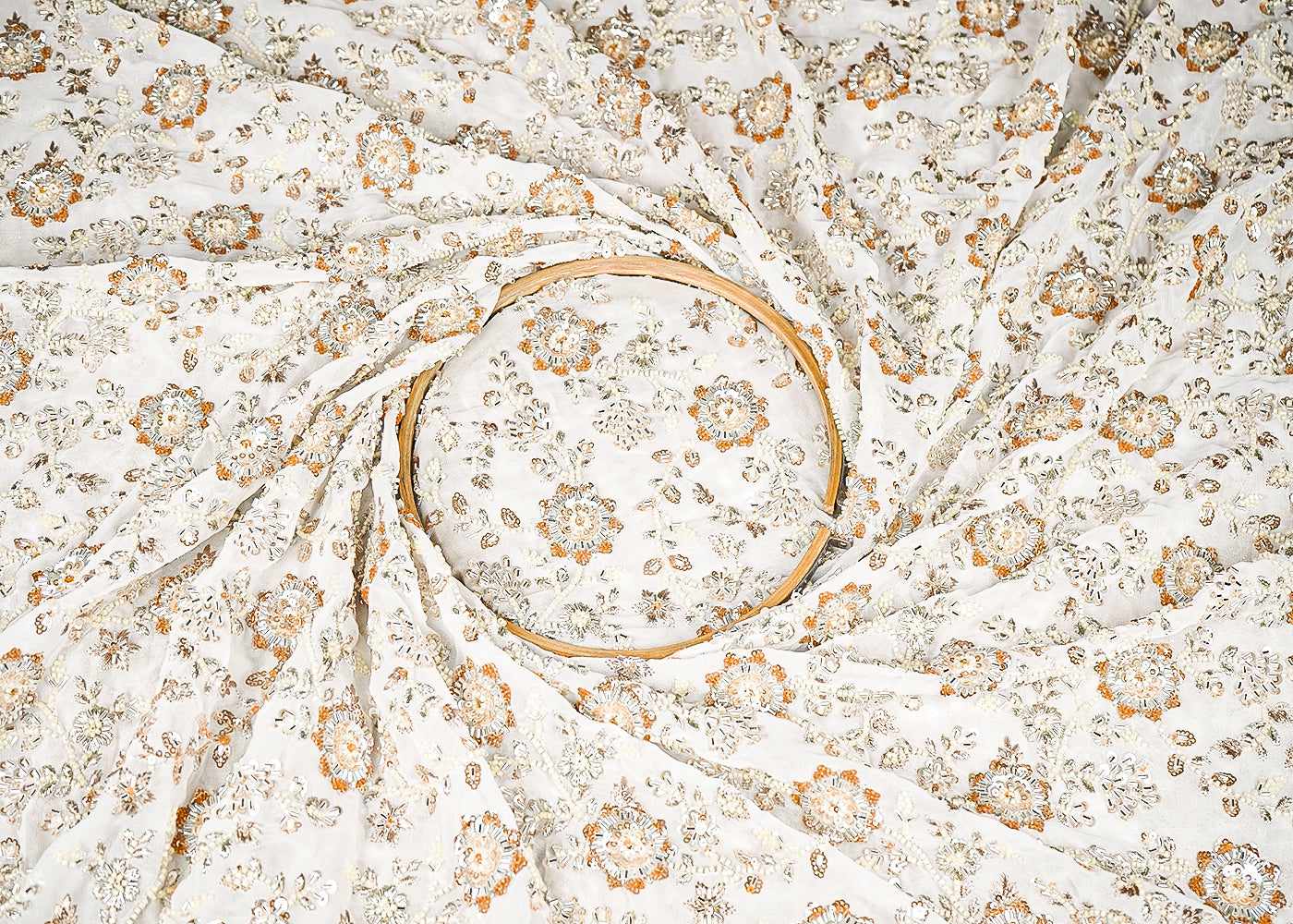 White Dyeable Georgette Fabric With All Over Zari, Sequins, Katdana And Bead Handwork 21635