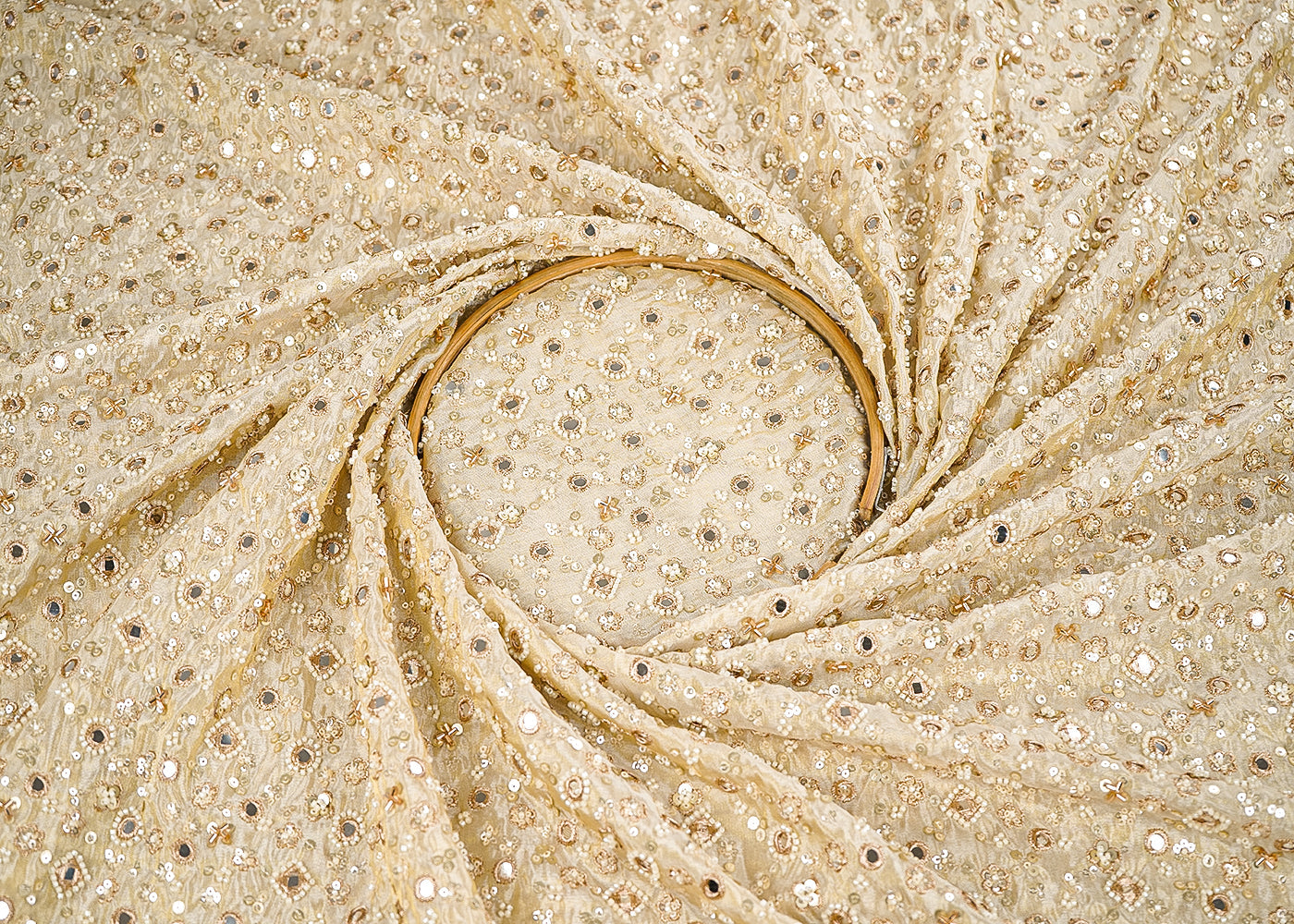 Golden Dyeable Tissue Fabric With All Over Zari, Sequins, Faux Mirror, Katdana And Bead Work 21637