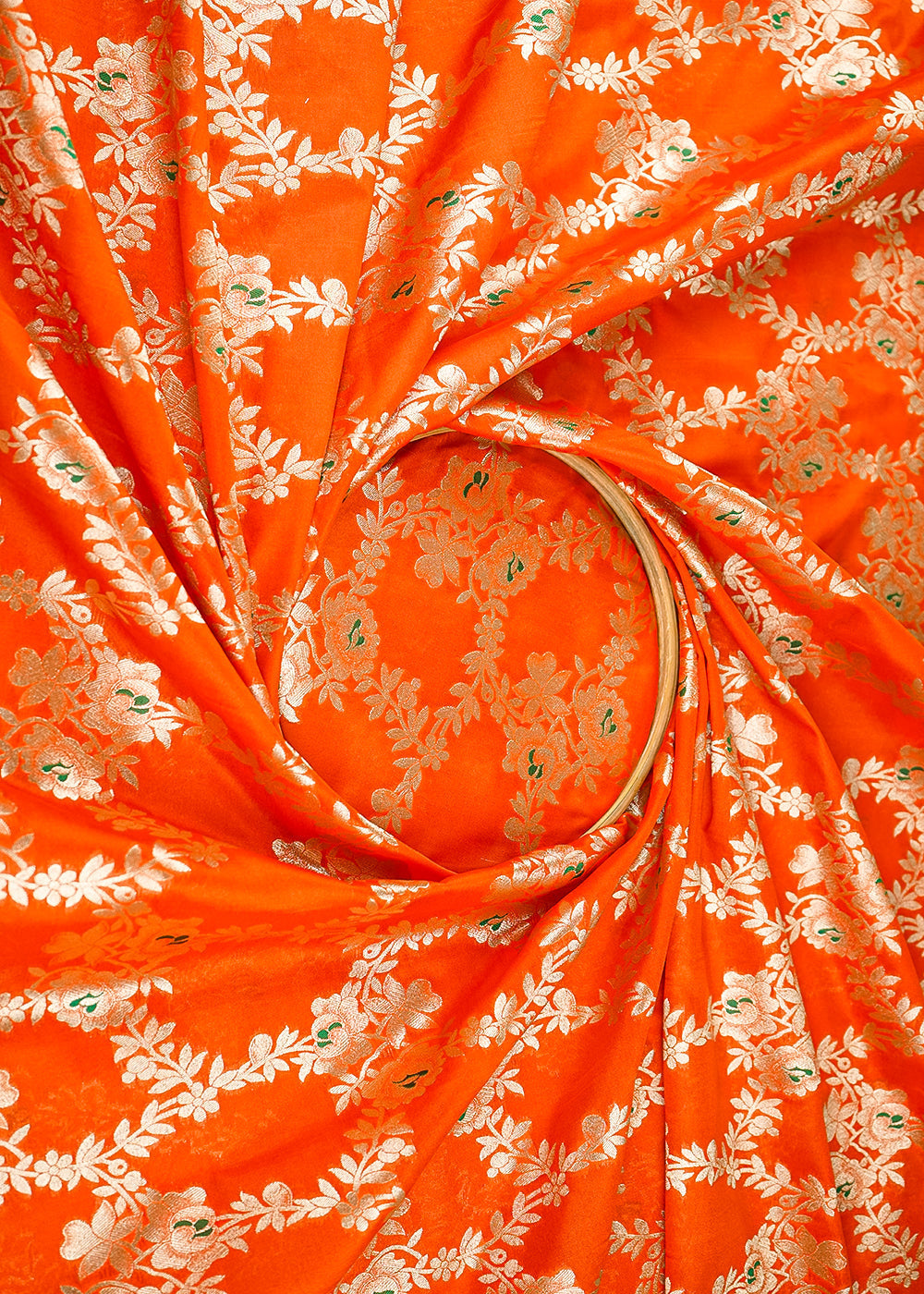 Orange-banarasi-brocade-fabric-with-all-over-golden-zari-handloom-21647-close-view