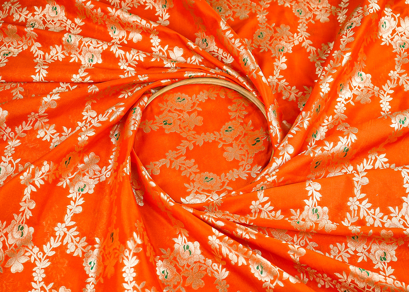 Orange-banarasi-brocade-fabric-with-all-over-golden-zari-handloom-21647-close-view