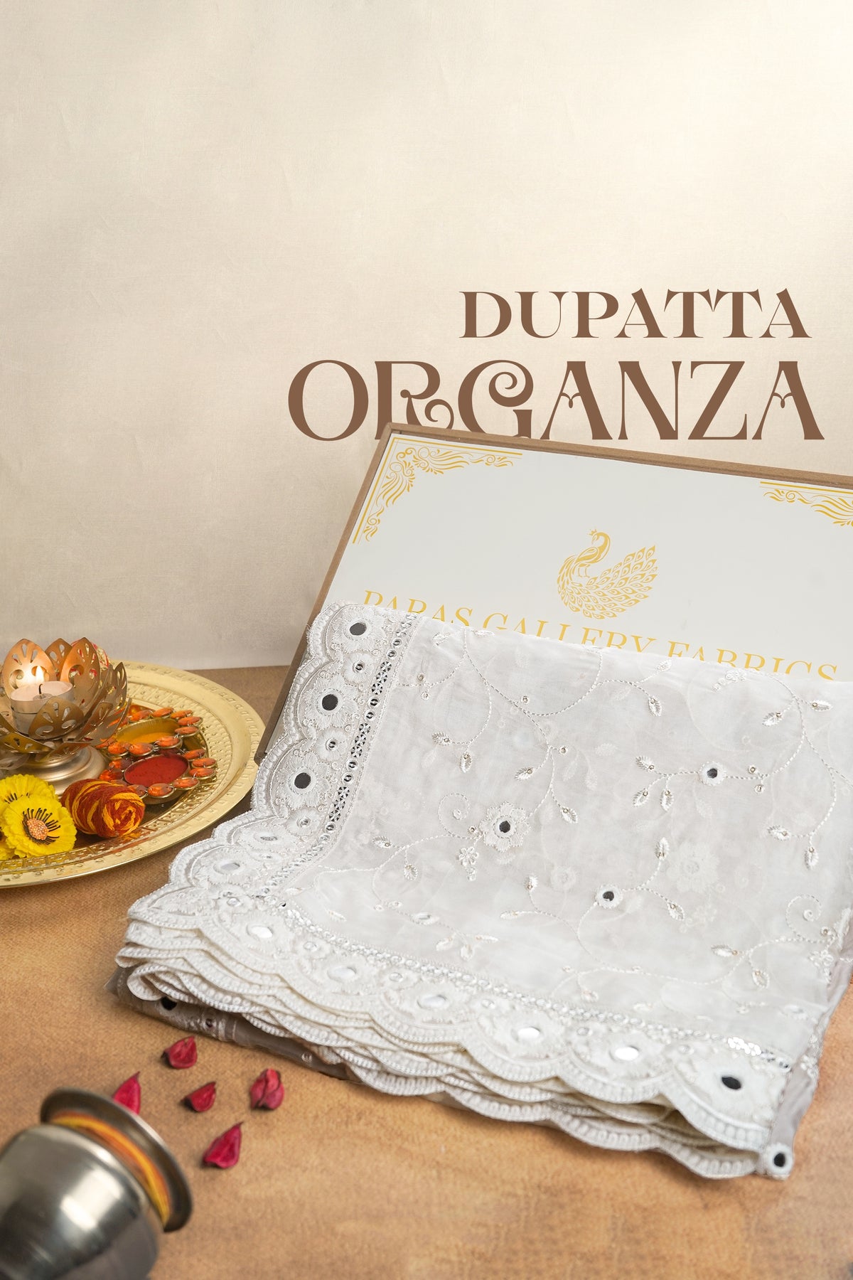 White Dyeable Organza Dupatta With All Over Thread, Sequins And Faux Mirror Work 21648