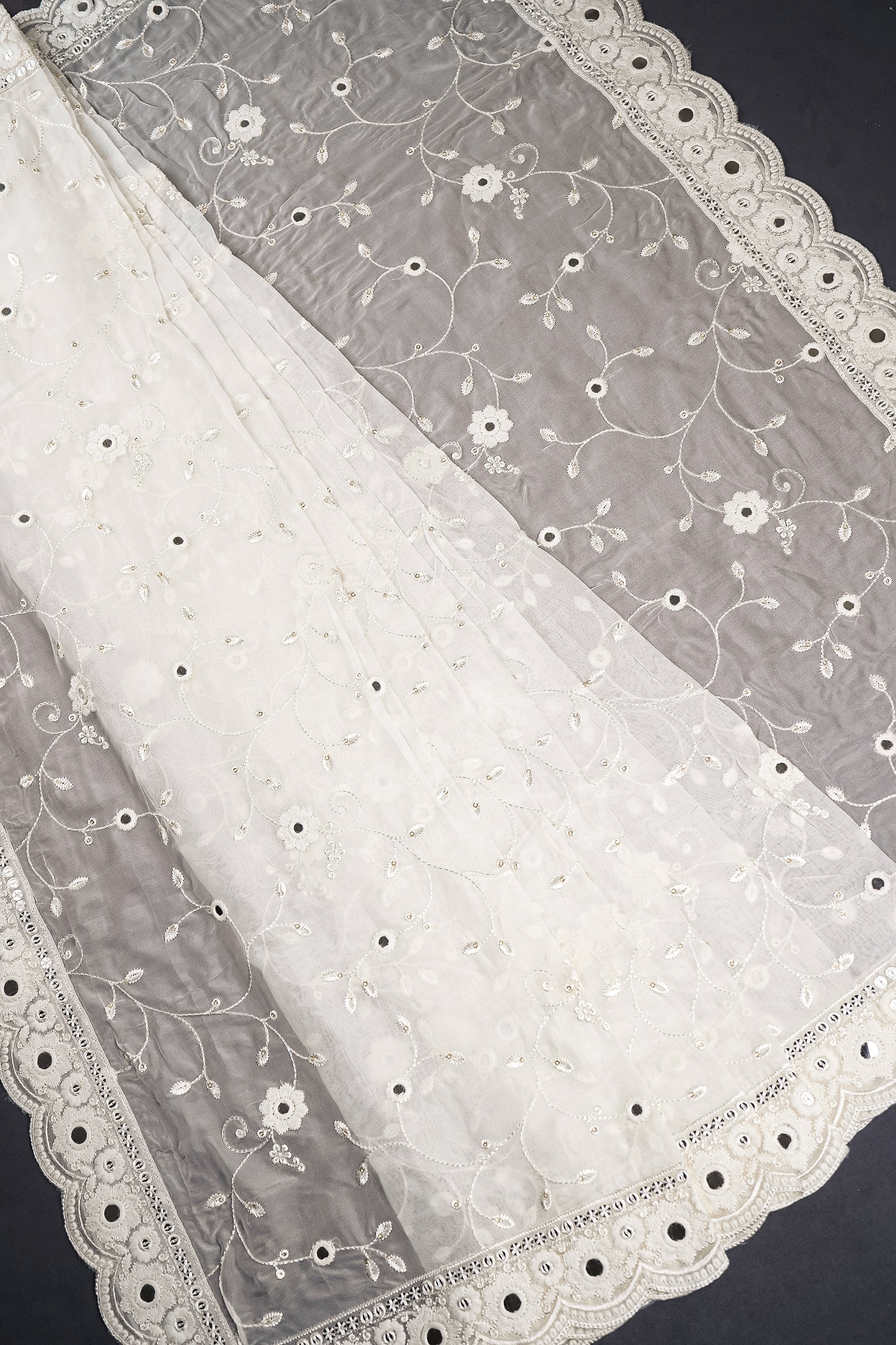White Dyeable Organza Dupatta With All Over Thread, Sequins And Faux Mirror Work 21648