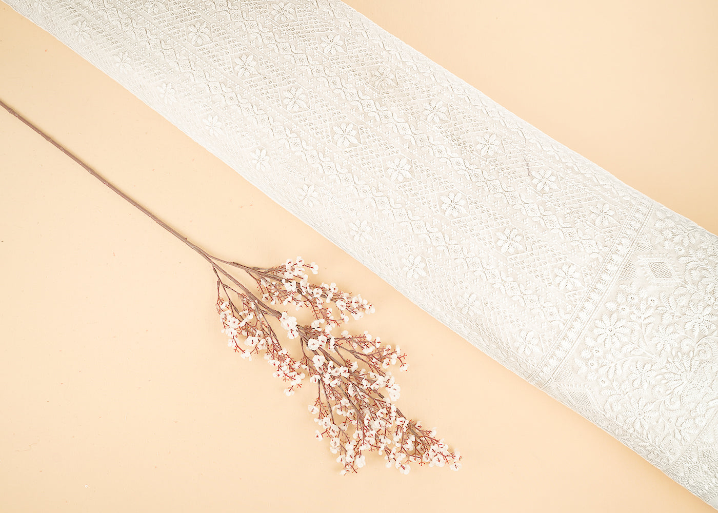 White Dyeable Georgette Fabric With All Over Thread And Sequins Work With One Side Border 21650