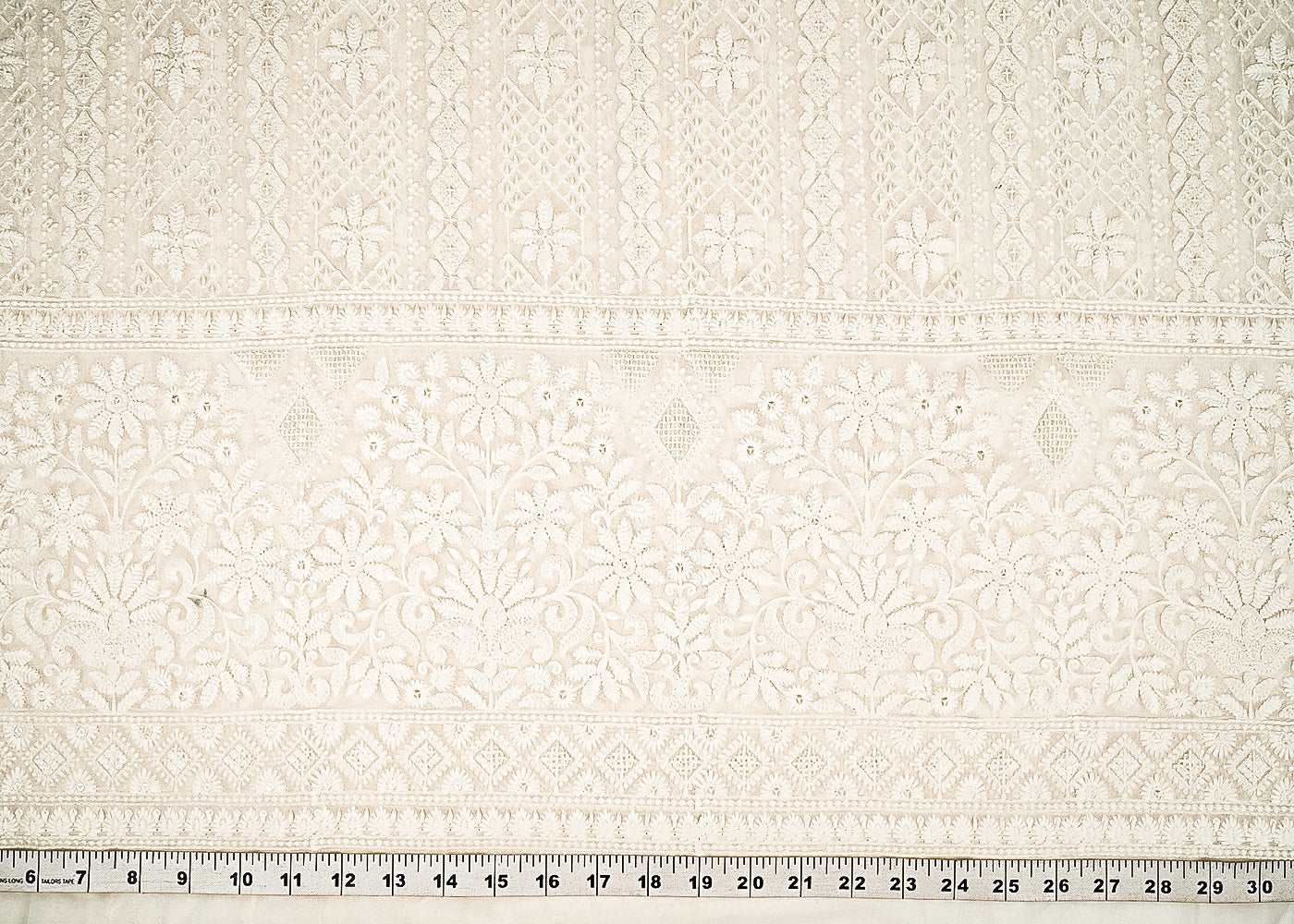 White Dyeable Georgette Fabric With All Over Thread And Sequins Work With One Side Border 21650