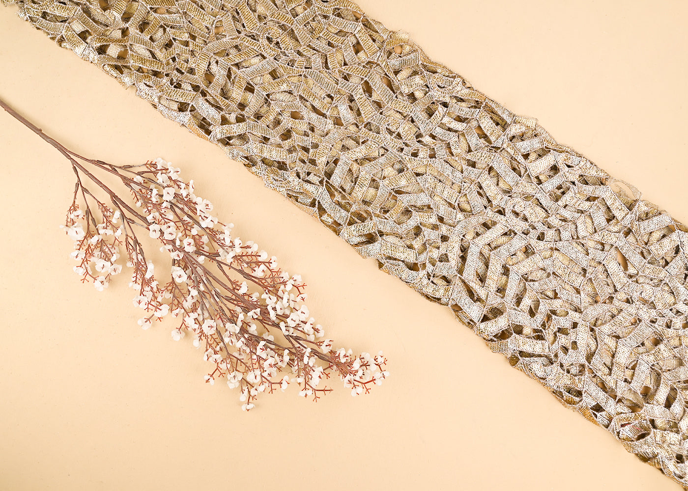 Golden Imported Laser CutWork Net Fabric With All Over Golden Zari And Sequins Work 21654