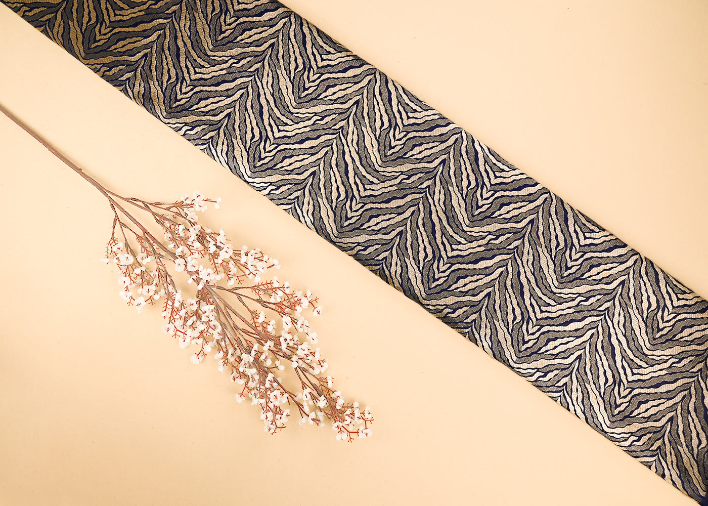 Navy Blue Banarasi Brocade Fabric With All Over Thread And Zari Handloom 21667