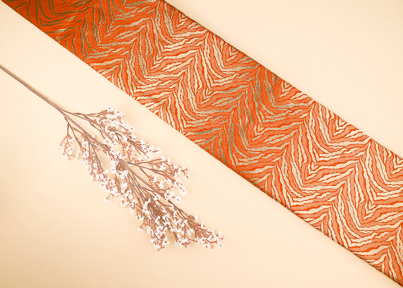 Orange Banarasi Brocade Fabric With All Over Thread And Zari Handloom 21668