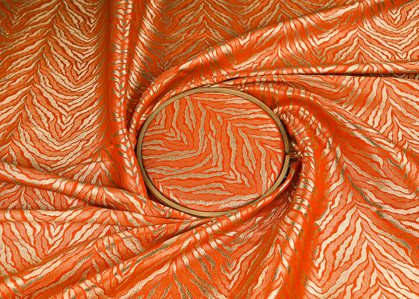 Orange Banarasi Brocade Fabric With All Over Thread And Zari Handloom 21668