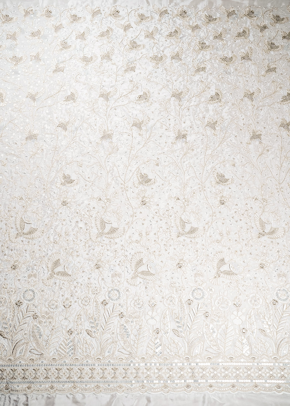 White Dyeable Crepe Fabric With All Over Zari,Thread And Sequins Work 21670