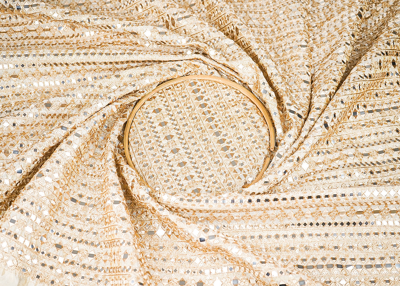 Golden Dyeable Tissue Fabric With All Over Zari, Sequins And Fuax Mirror work 21672