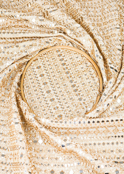 The Noor - Golden Dyeable Tissue Fabric With All Over Zari, Sequins And Fuax Mirror work | 21672