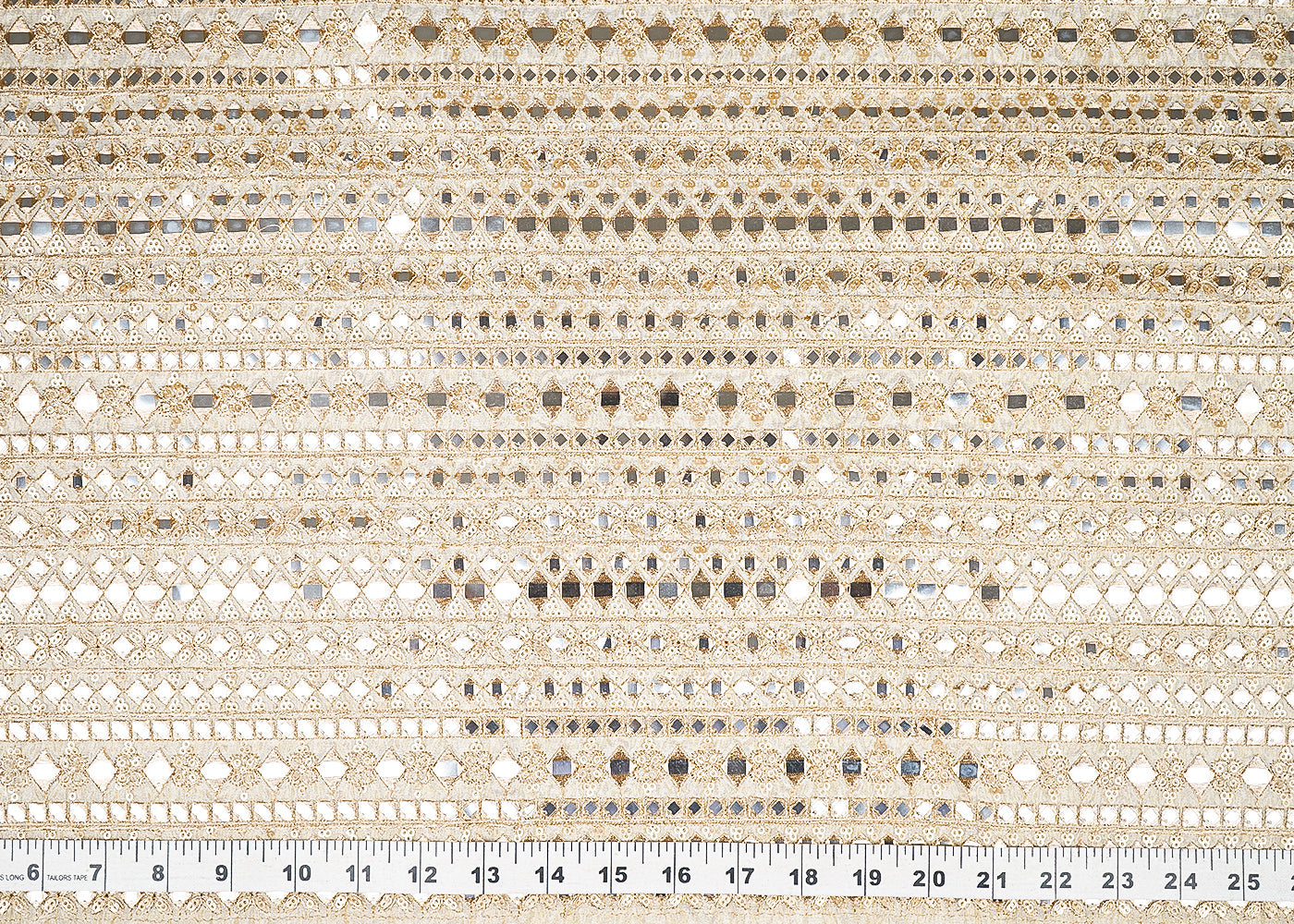 Golden Dyeable Tissue Fabric With All Over Zari, Sequins And Fuax Mirror work 21672