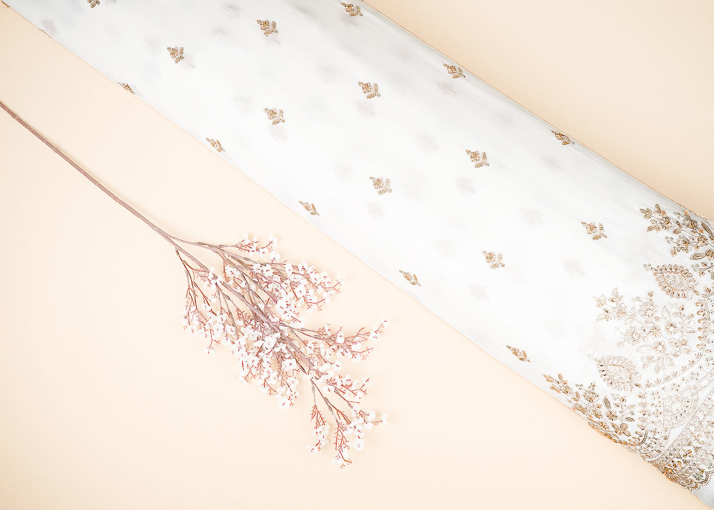 White Dyeable Georgette Fabric With All Over Buti Of Zari, Bead, Sequins And Katdana With One Side Border 21674