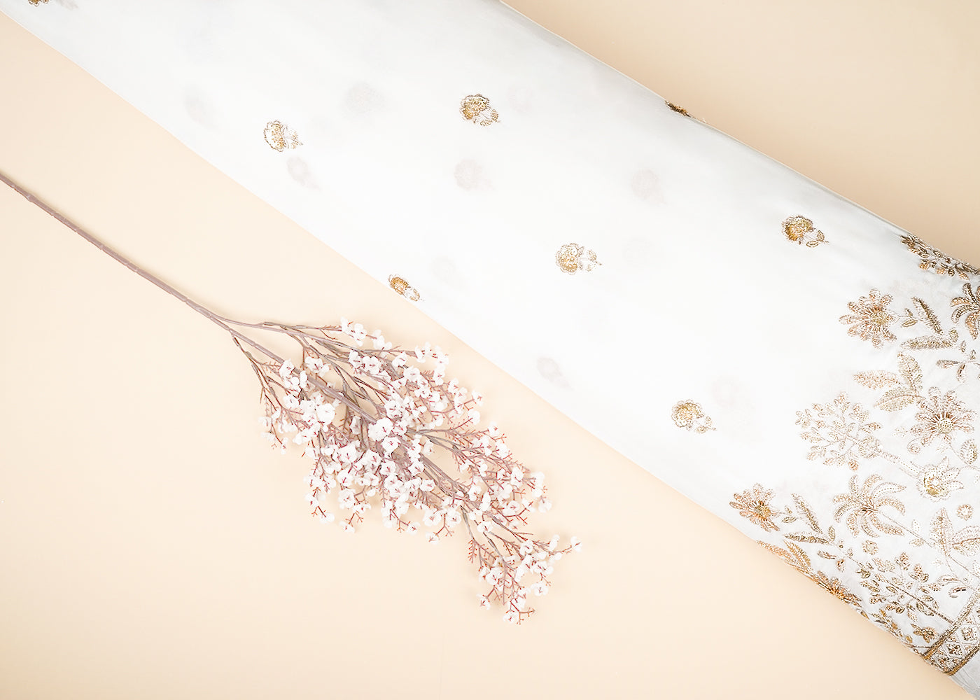 White Dyeable Georgette Fabric With All Over Buti Of Zari, Sequins And Bead Work With One Side Border 21676